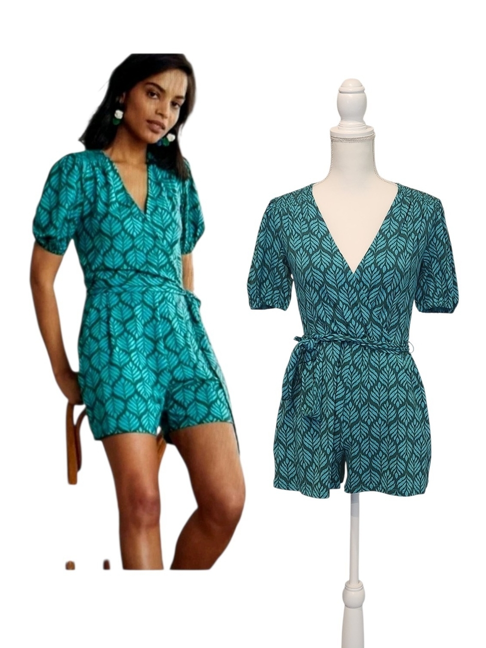 NWT Boden Ruby Romper 4P Teal Green Leaf Print Puff Sleeve V-Neck Wrap Pocket